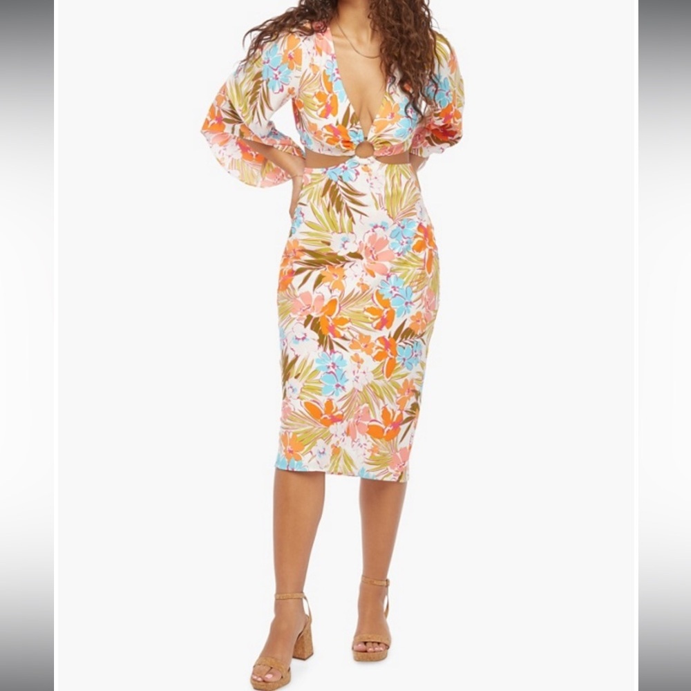 JUSTFAB size 3X retro cutout dress palm beach floral print kimono sleeves lined
